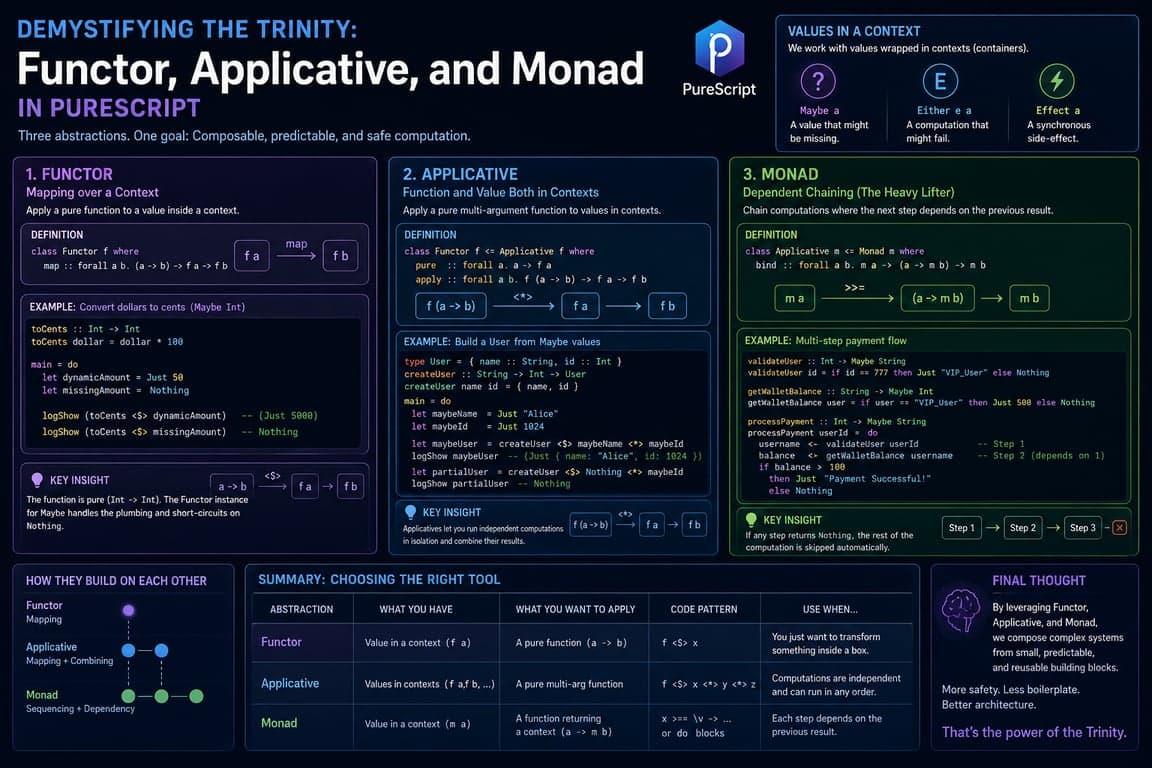 Demystifying the Trinity: Functor, Applicative, and Monad in PureScript